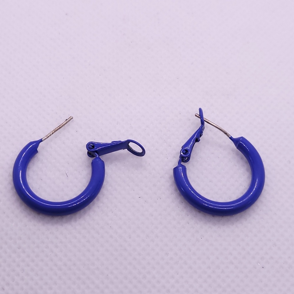 925 Sterling Silver Cobalt Blue Enamel Hoop Earrings Hinged Closure